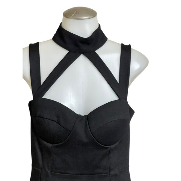 Halter Neck Black Bodycon Midi Dress With Strappy Cutout Detail & Back Zipper Cl - Picture 12 of 12